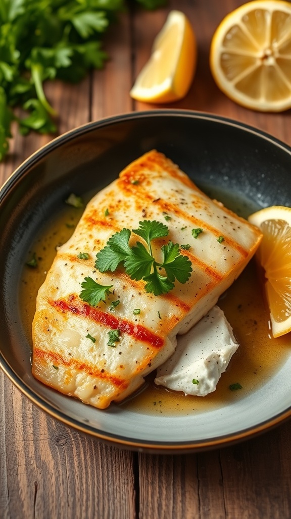 Pan-seared tilapia fillet garnished with parsley and lemon wedges on a rustic table.